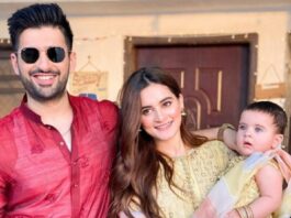Aiman Khan Eid Dress Pictures Aiman Khan with Husband and Daughter on Eid