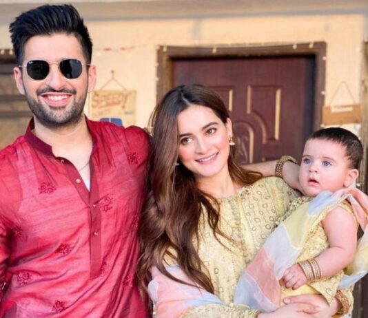 Aiman Khan Eid Dress Pictures Aiman Khan with Husband and Daughter on Eid