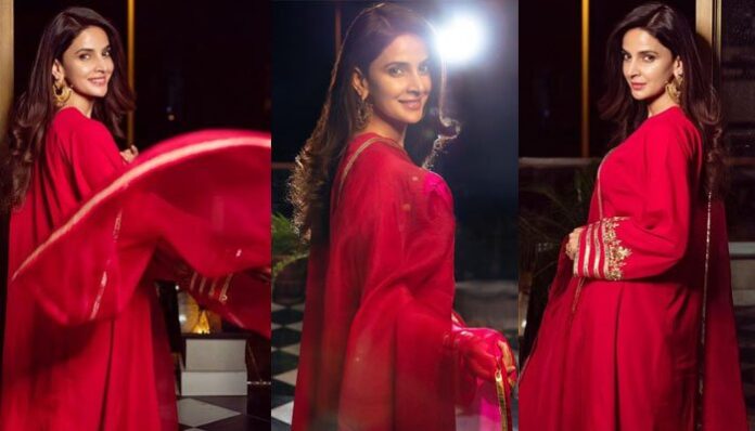 Saba Qamar in a Red Dress